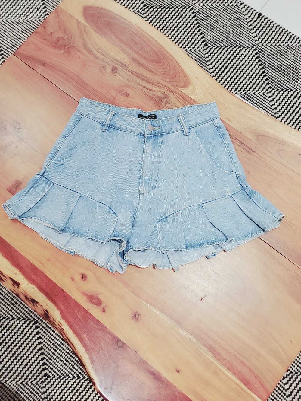 Light Blue Ruffle Denim Cotton Shorts